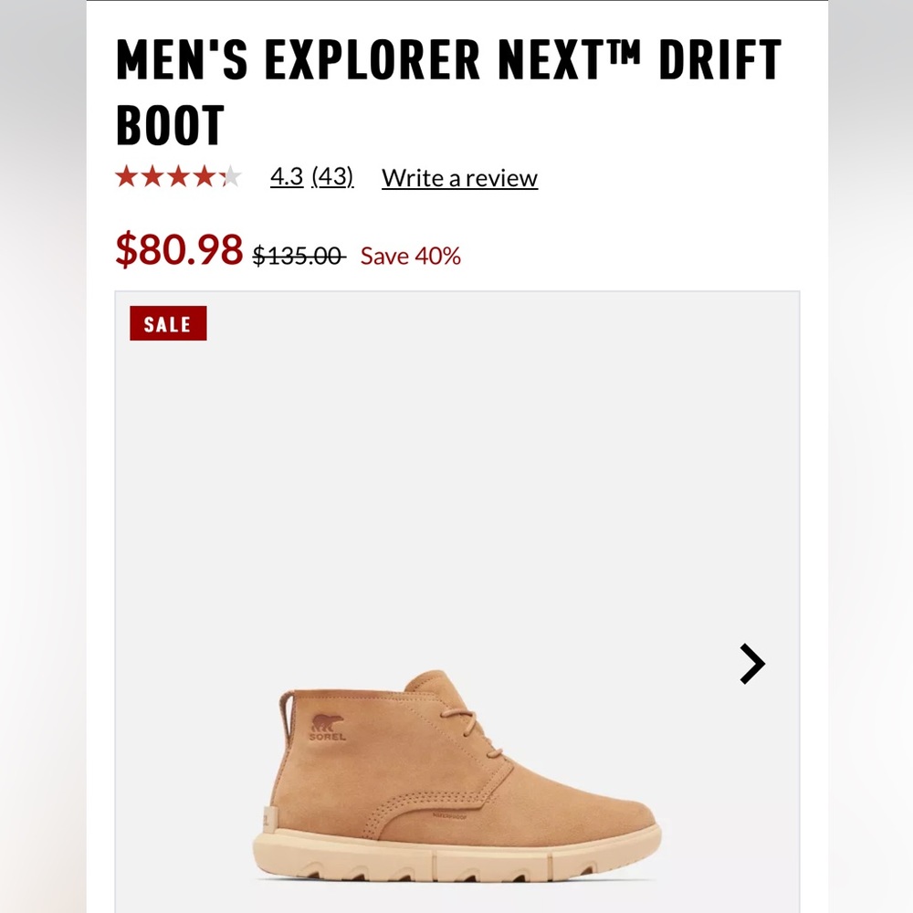 Men’s 11 Sorel Explorer Drift Tan Boots